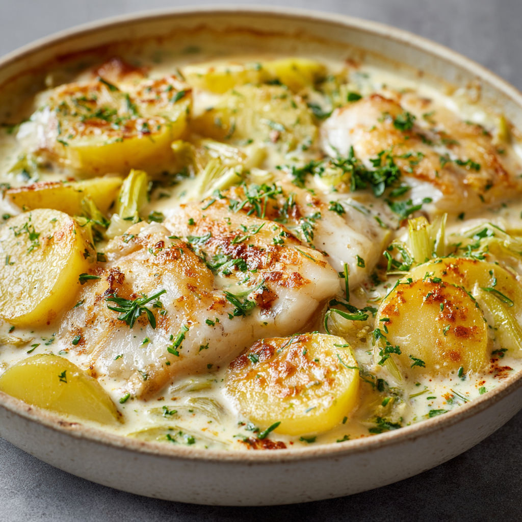 Plat de sole et pommes de terre avec légumes et herbes, présenté dans une céramique blanche.