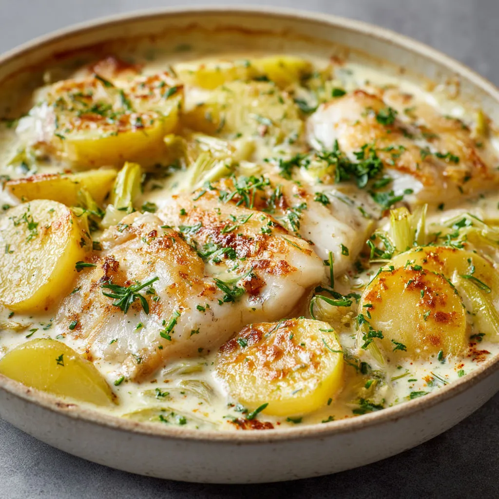 Plat de sole et pommes de terre avec légumes et herbes, présenté dans une céramique blanche.