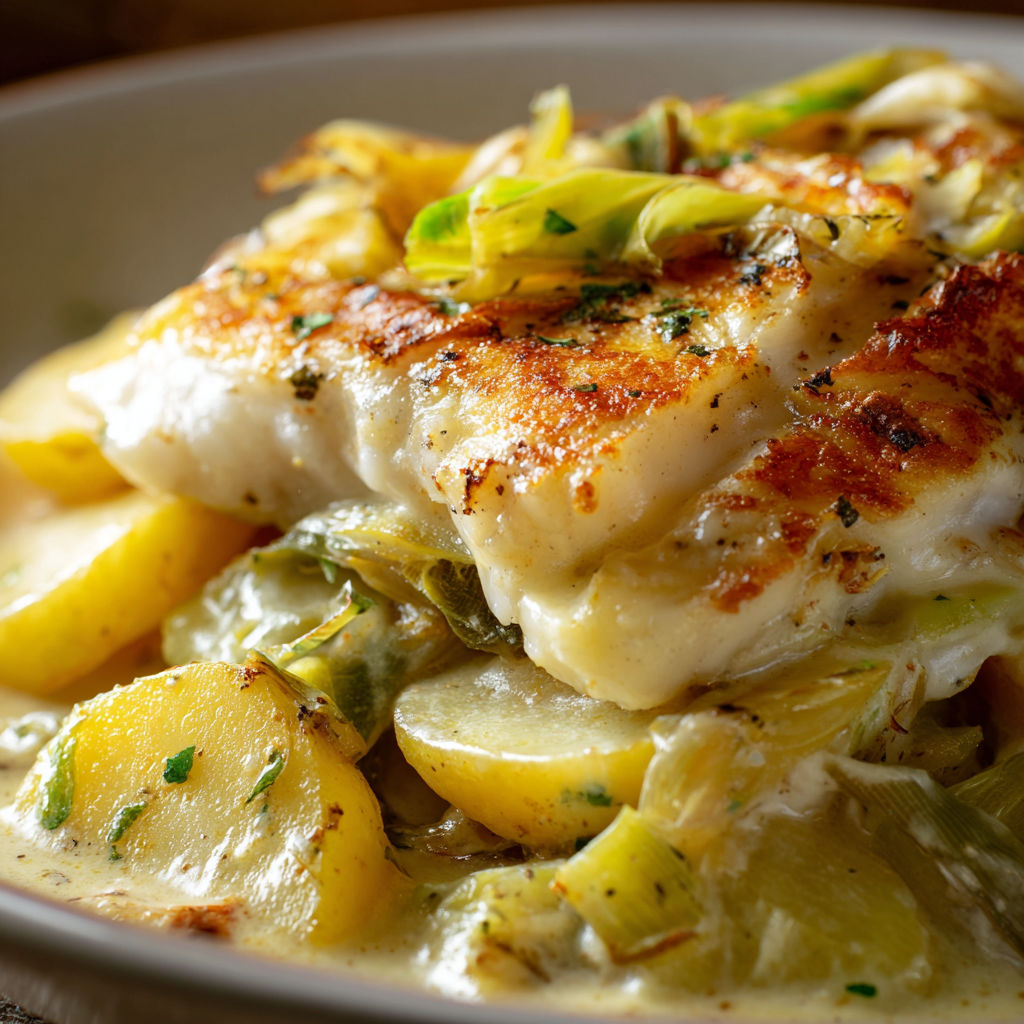 Plat de sole et pomme de terre servi dans un plat sur un plateau en bois.