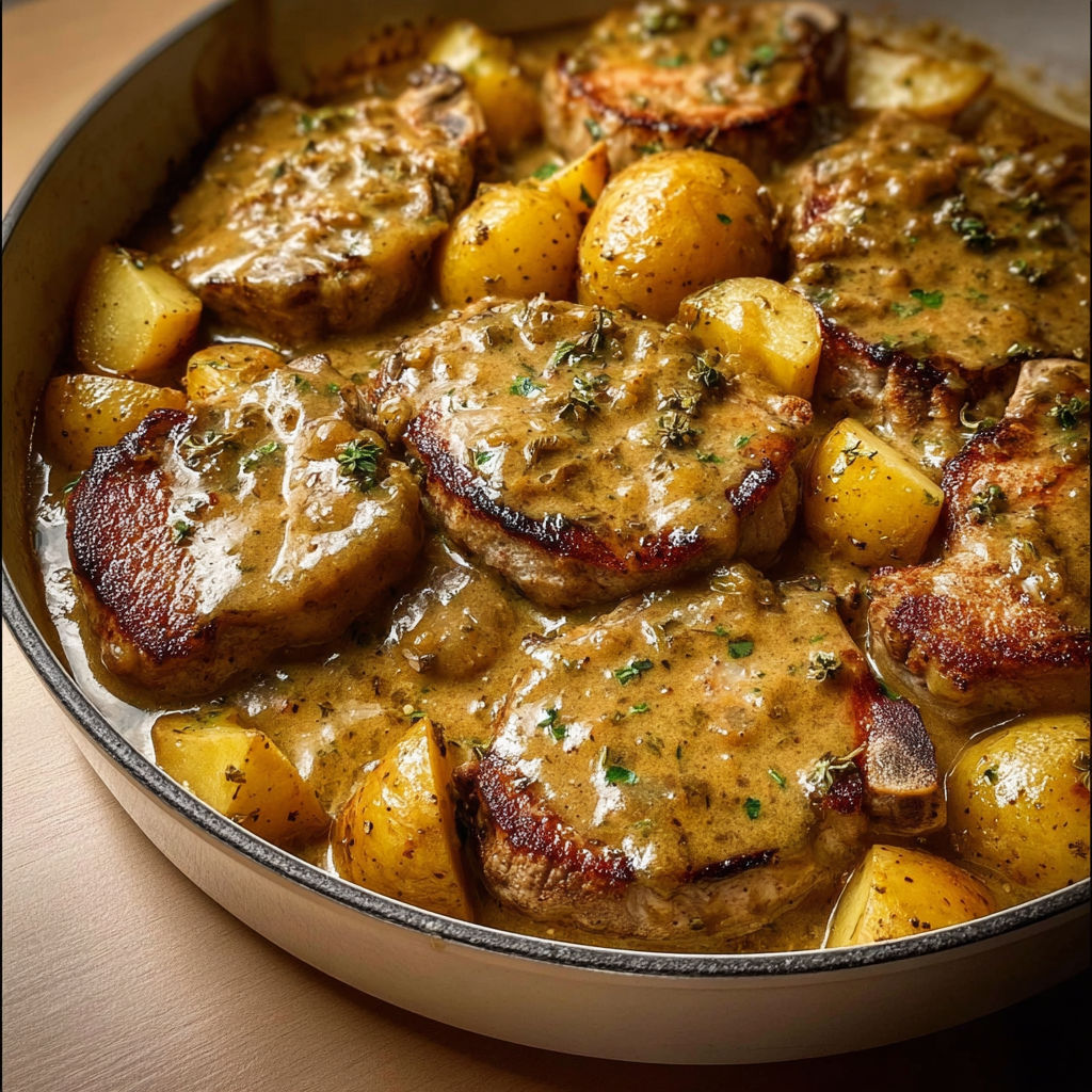 Côtes de porc mijotées avec pommes de terre et sauce onctueuse.