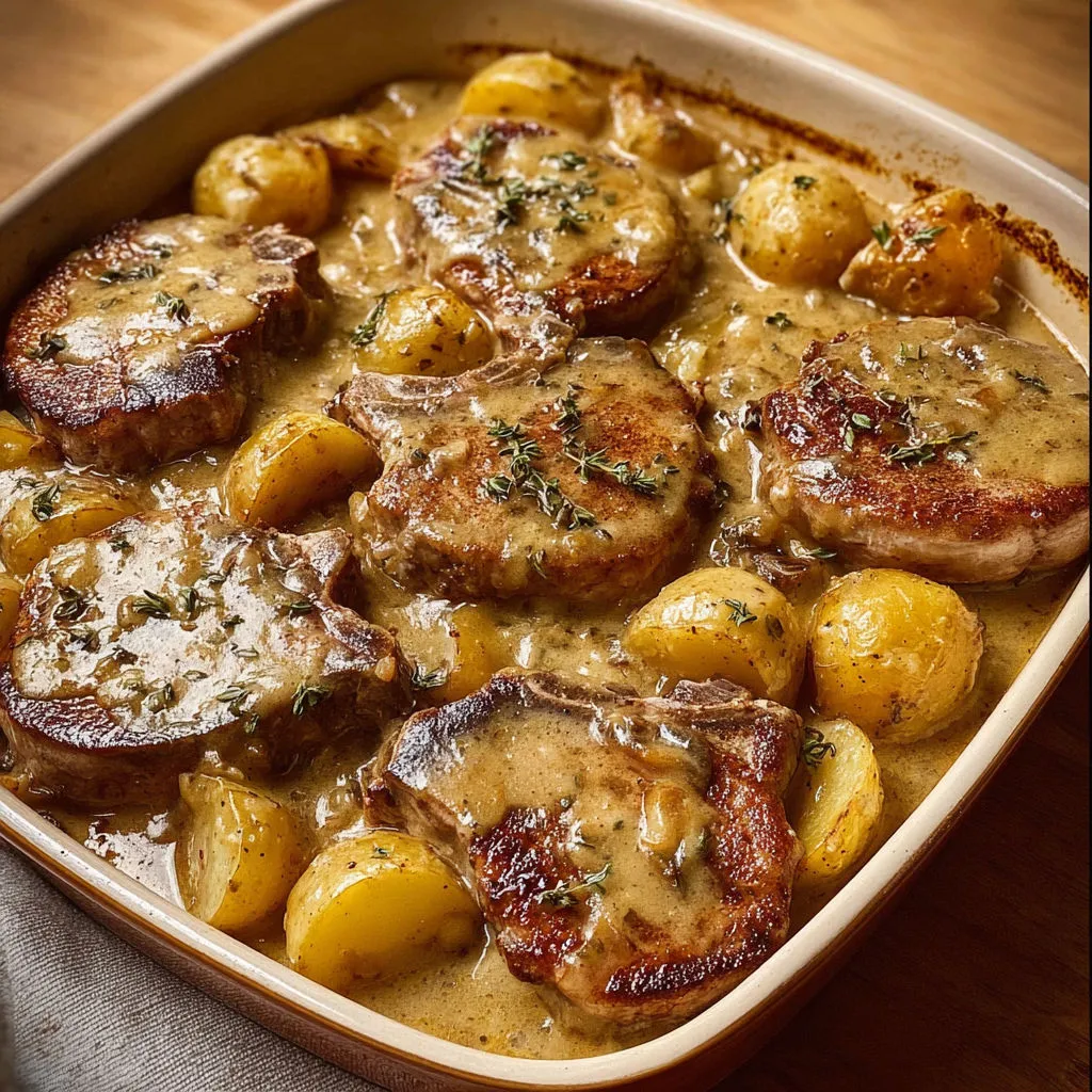 Un plat chaud de côtelettes et pommes de terre avec herbes fraîches.