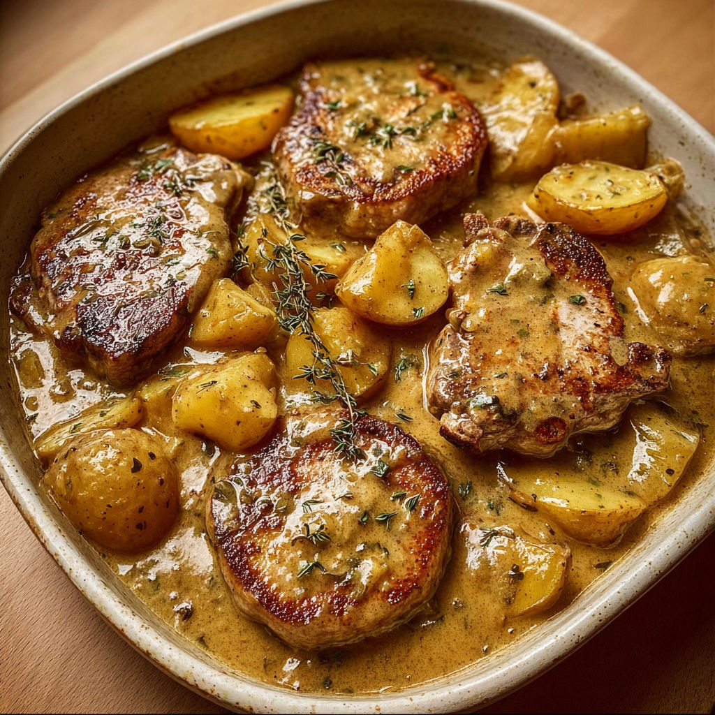 Un plat gourmand de viande nappée de sauce et pommes de terre, touche d’herbes frais.