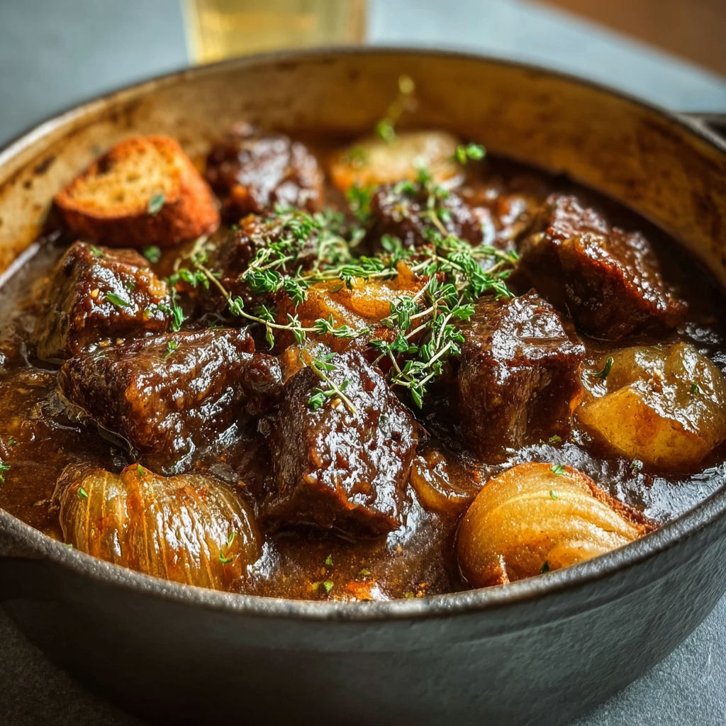 Une cocotte de viande flamande mijotée avec de la bière blonde, des herbes et du pain croustillant.