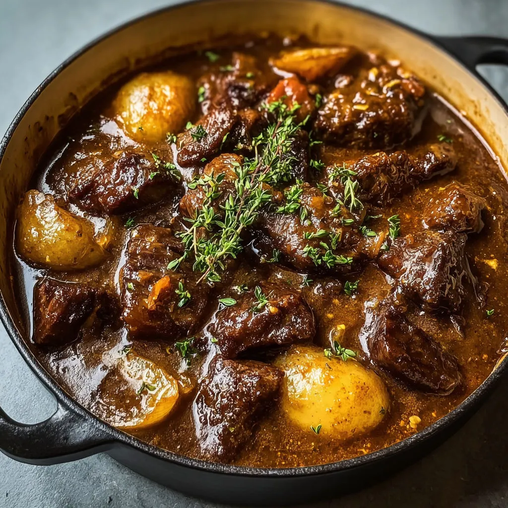 Un bol en fer déborde d’une généreuse carbonade flamande à la bière blonde.