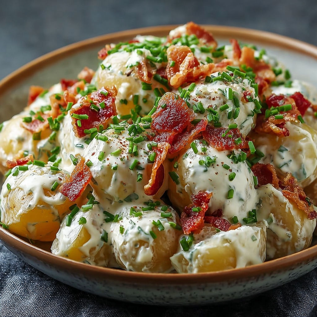 Des pommes de terre, du bacon et de l’ail dans un bol appétissant.