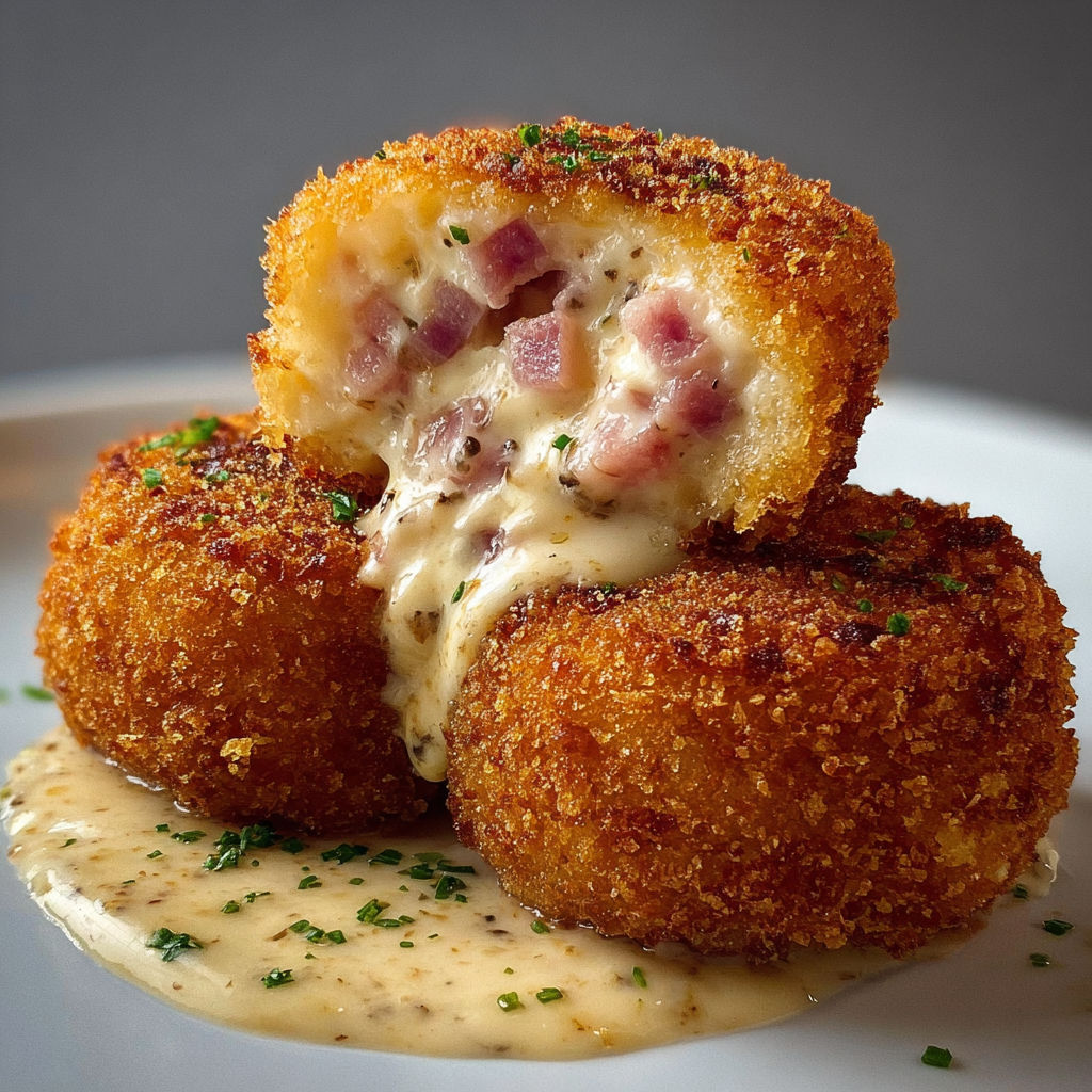 Une boule de mélange croquette nappée de sauce fromagère et fromage râpé.