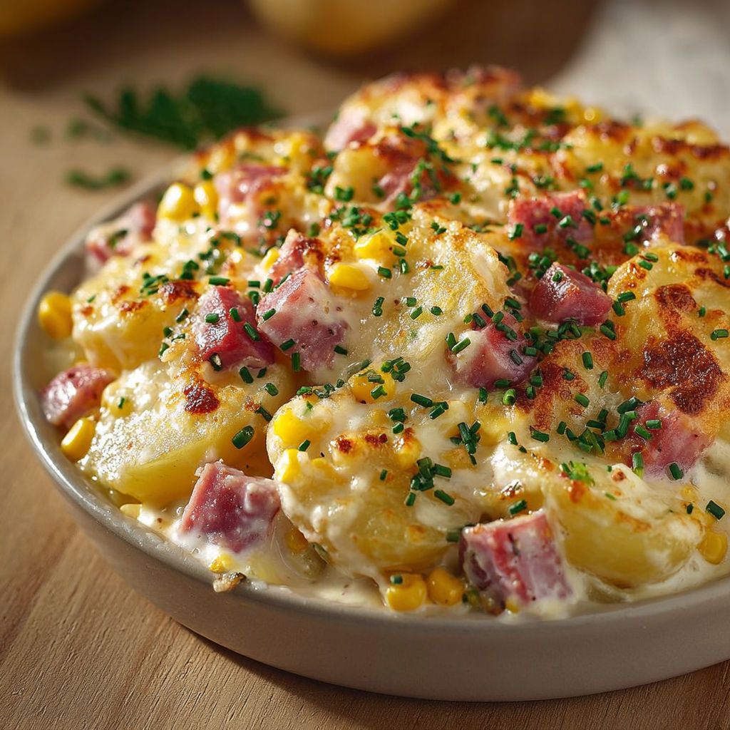 Un plat gourmand de pommes de terre en sauce crémeuse avec du jambon, du maïs et une touche d'herbes fraîches.