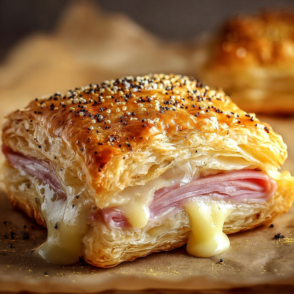 Un délicieux feuilleté de jambon et fromage sur une nappe en papier.