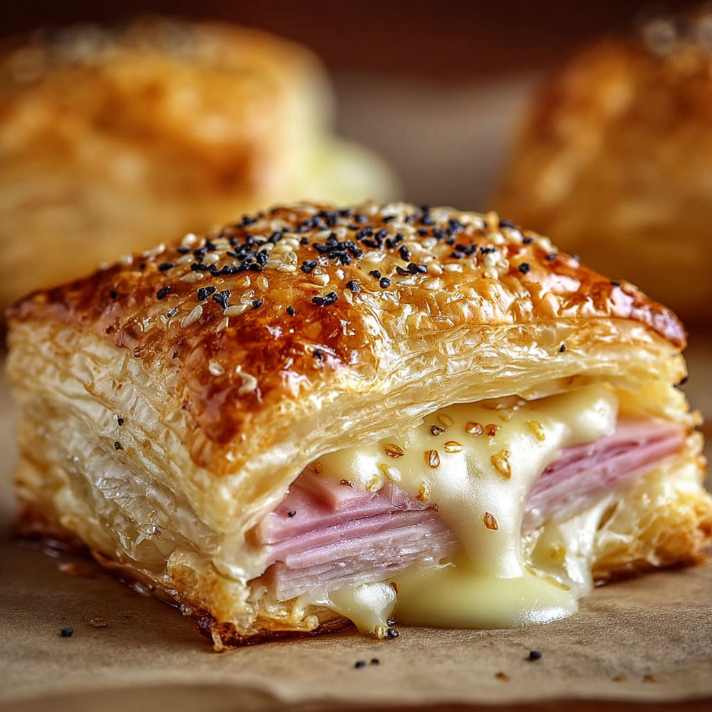 Mini feuilleté jambon-fromage, parsemé d’herbes et de cumin, sur papier cuisson.