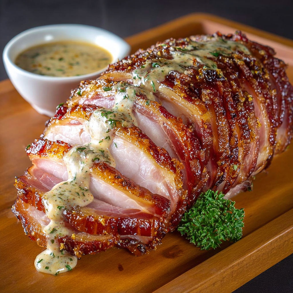 Une pièce de viande grillée nappée de sauce crémeuse et herbes fraîches.