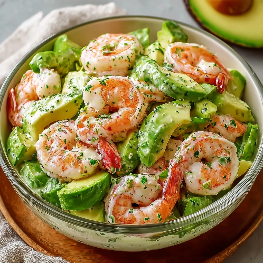Salade crevettes avocat sauce herbes avec légumes verts