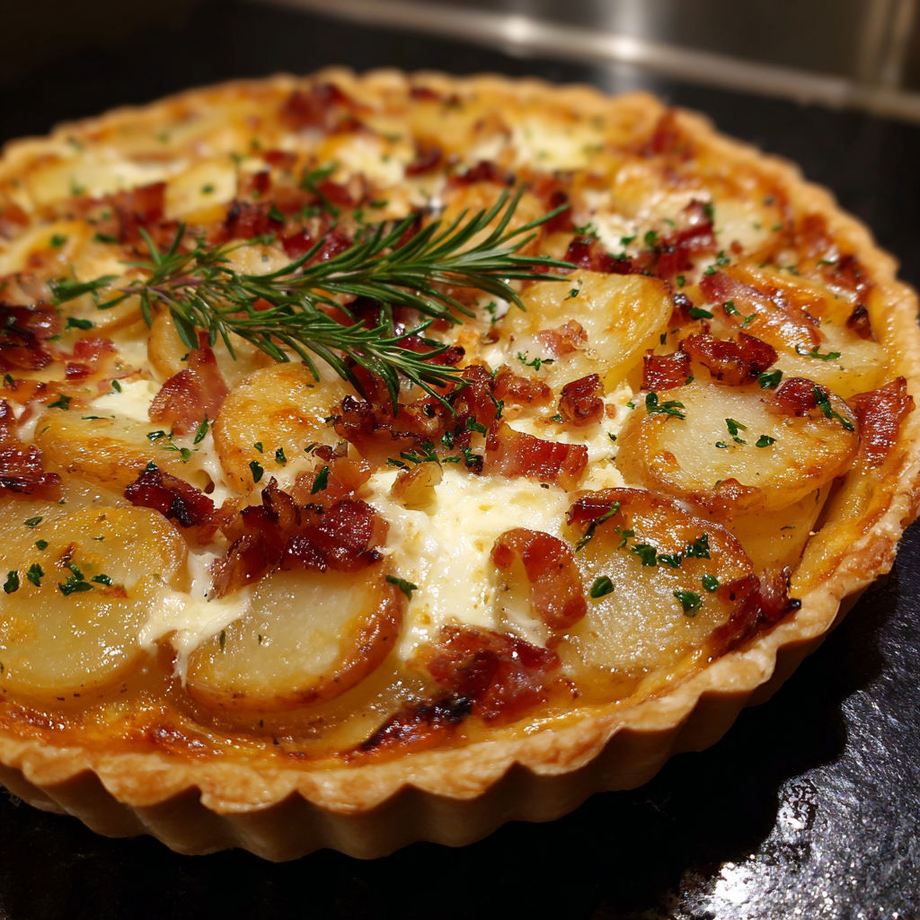 Plateau avec une tarte savoureuse aux pommes de terre, camembert et lardons.