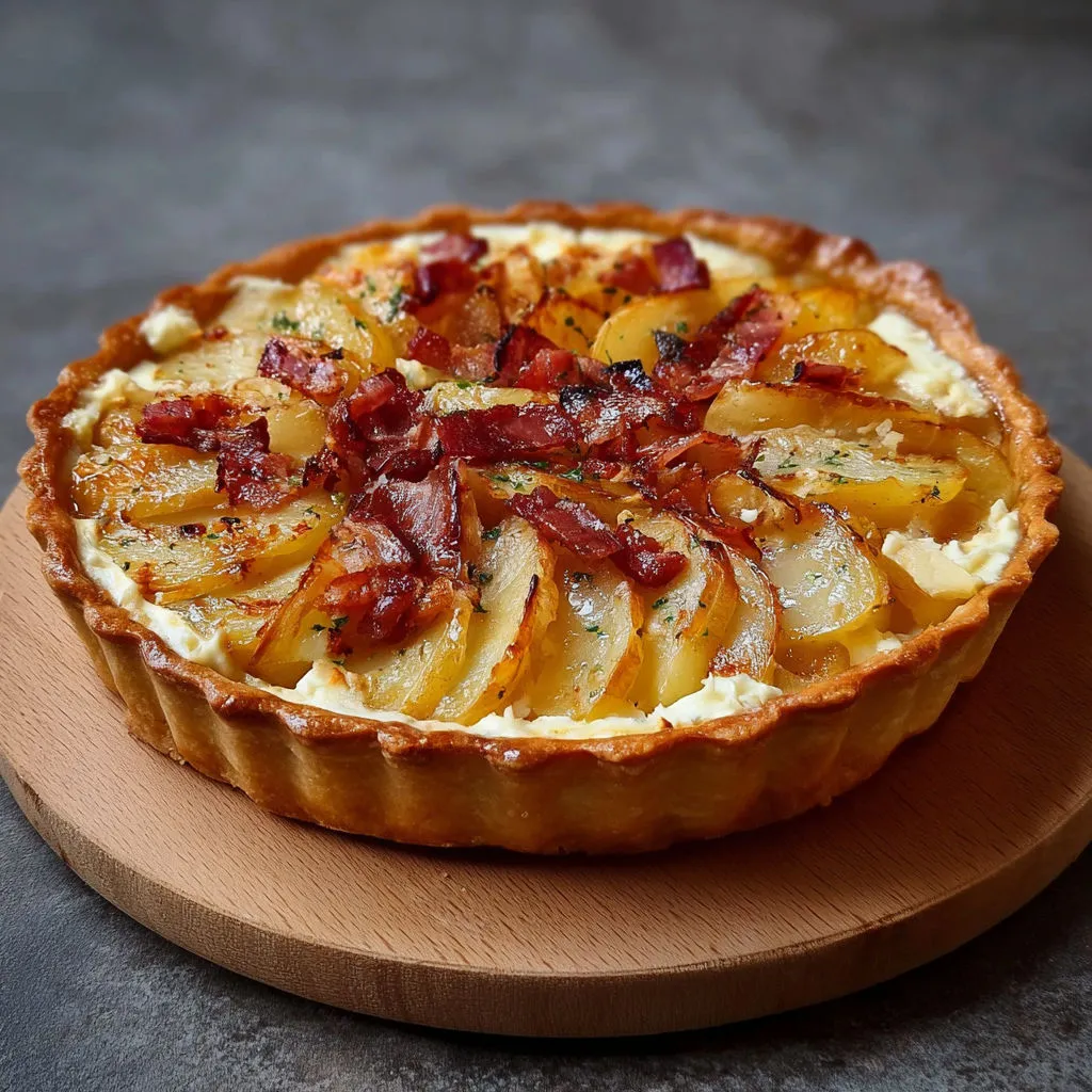 Tarte aux pommes de terre et lardons servie sur une planche en bois.