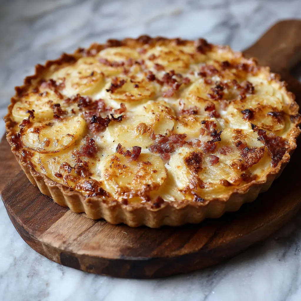 Tarte aux pommes de terre et lardons, servie sur du marbre.