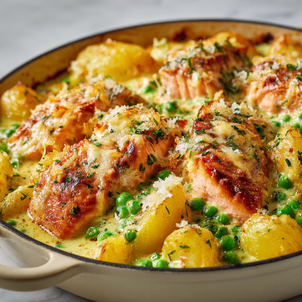 Un plat au curry avec des morceaux de saumon tendre nappés de lait de coco et gratinés.