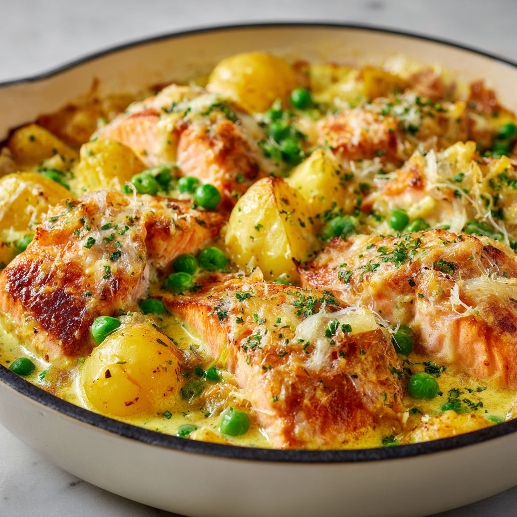 Un gratin de saumon au lait de coco et curry servi dans un bol sur la table.