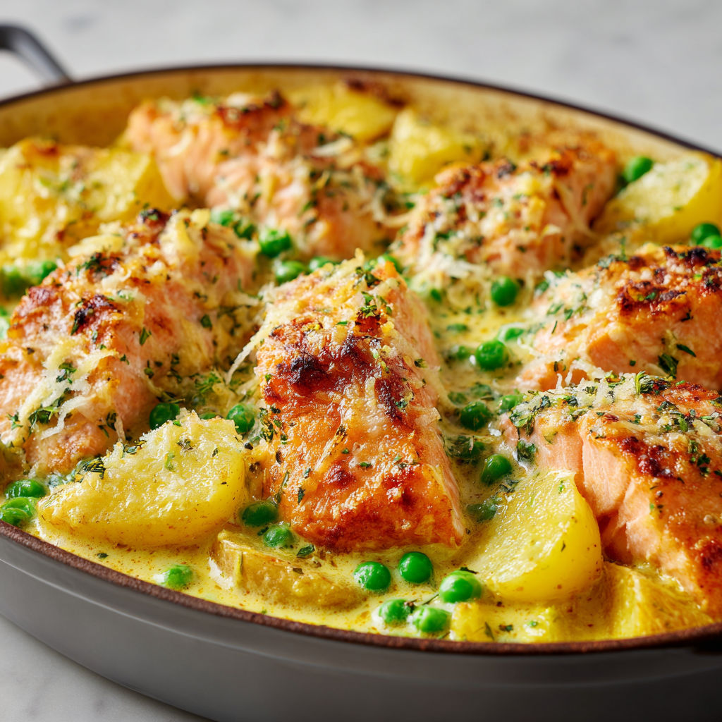 Cassolette de saumon coco curry, pommes de terre et petits pois, dans un bol en métal.