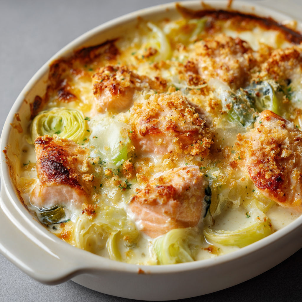 Un plat de poisson et poireaux, gratiné et servi dans un bol, à côté de légumes verts.