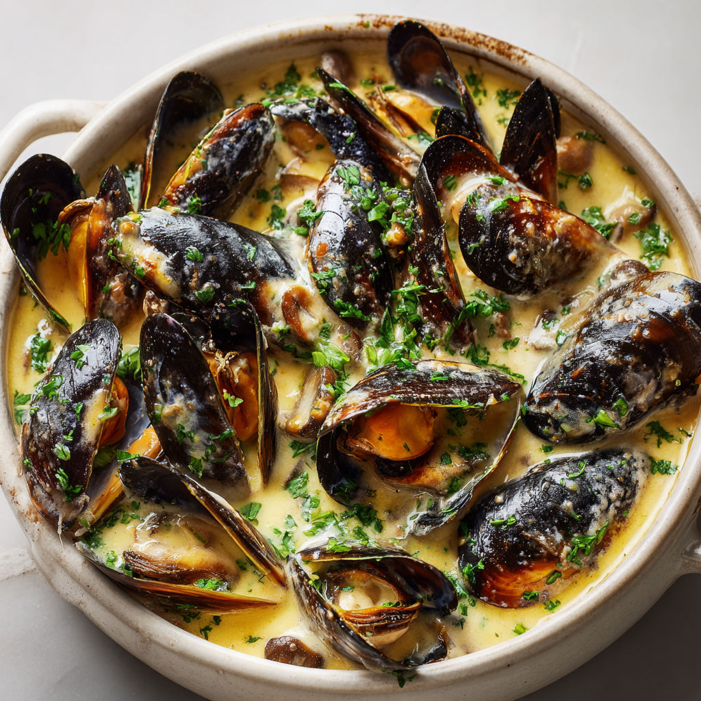Plat de moules au cidre avec des champignons bien chauds, saupoudrés de cerfeuil frais, servi dans un bol rustique.