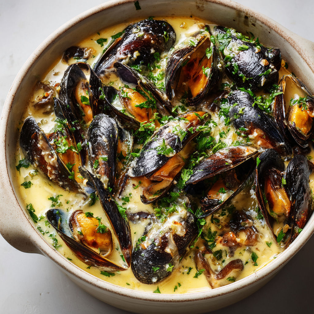 Un bol de moules et d’herbes fraîches, avec des coquilles et des touches de vert, bien servi.