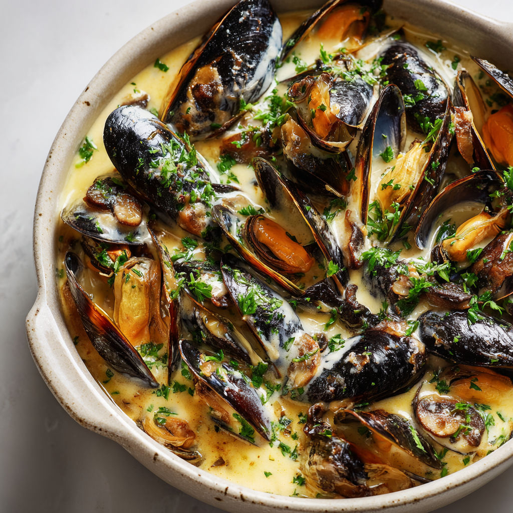 Une cassolette de moules avec crème, herbes, un peu de pâte et de la verdure.