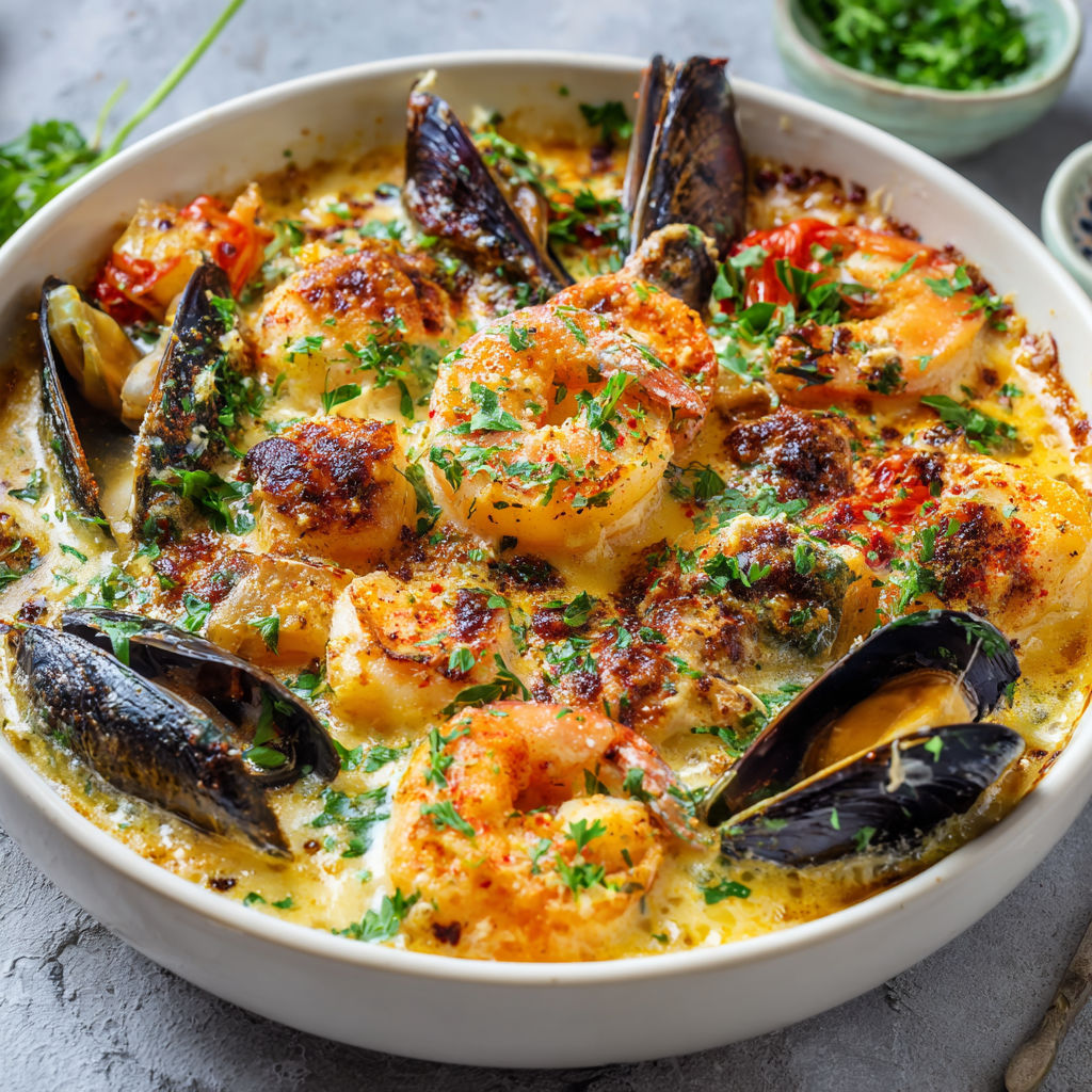 Une assiette avec des moules, crevettes et épinards dans une sauce dorée.