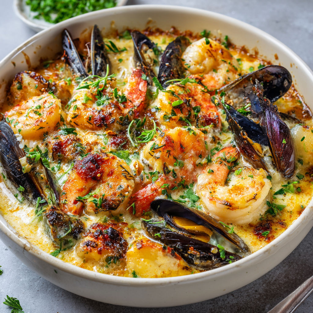Un bol en céramique rempli d’une soupe de poissons et de moules.
