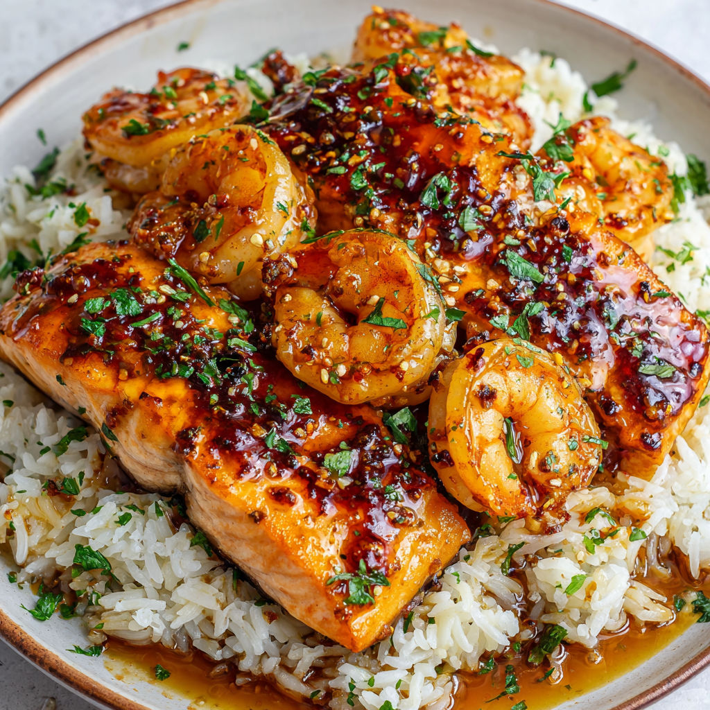 Un poisson rôti posé sur du riz et agrémenté de légumes verts et d’herbes fraîches.