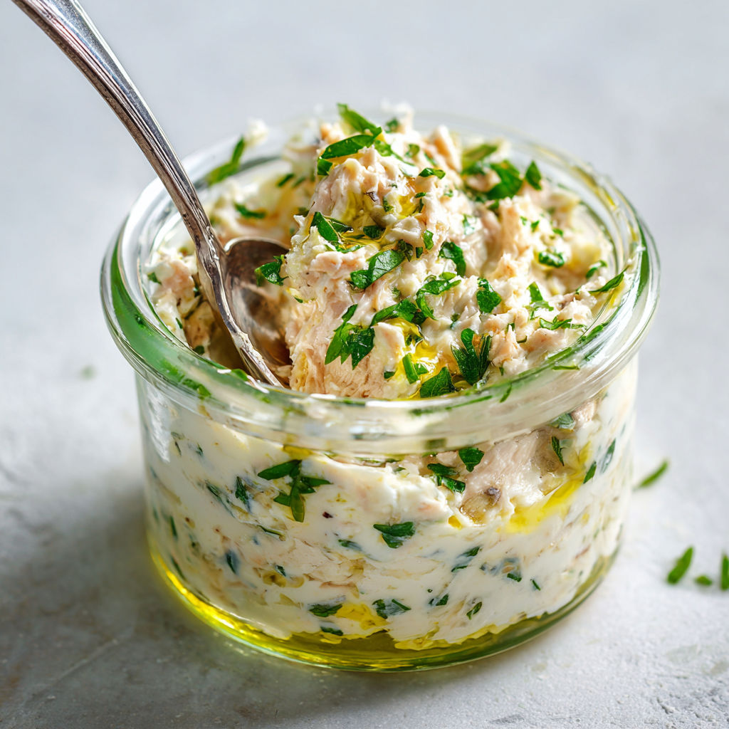 Une cuillère plonge dans une assiette de thon crémeux, décorée avec des herbes fraîches.