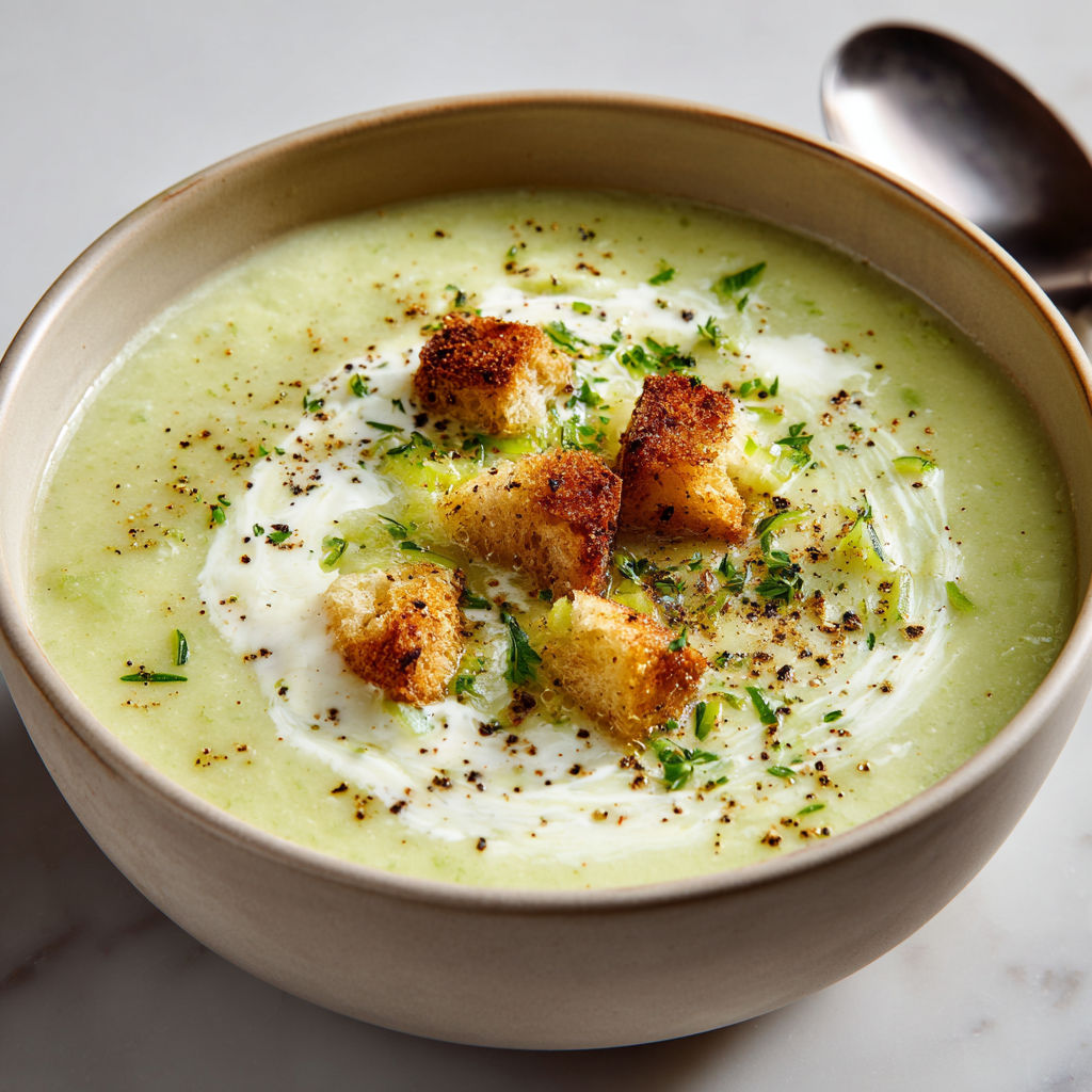 Un velouté de poireaux crémeux au Boursin dans un bol en porcelaine.