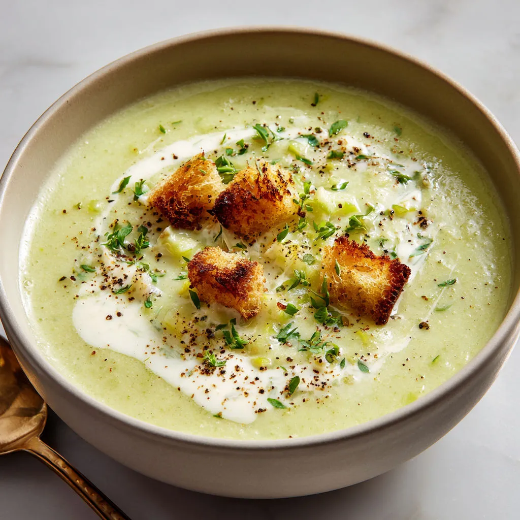 Un bol de soupe bien chaude, garni de croûtons de pain et d’herbes fraîches.