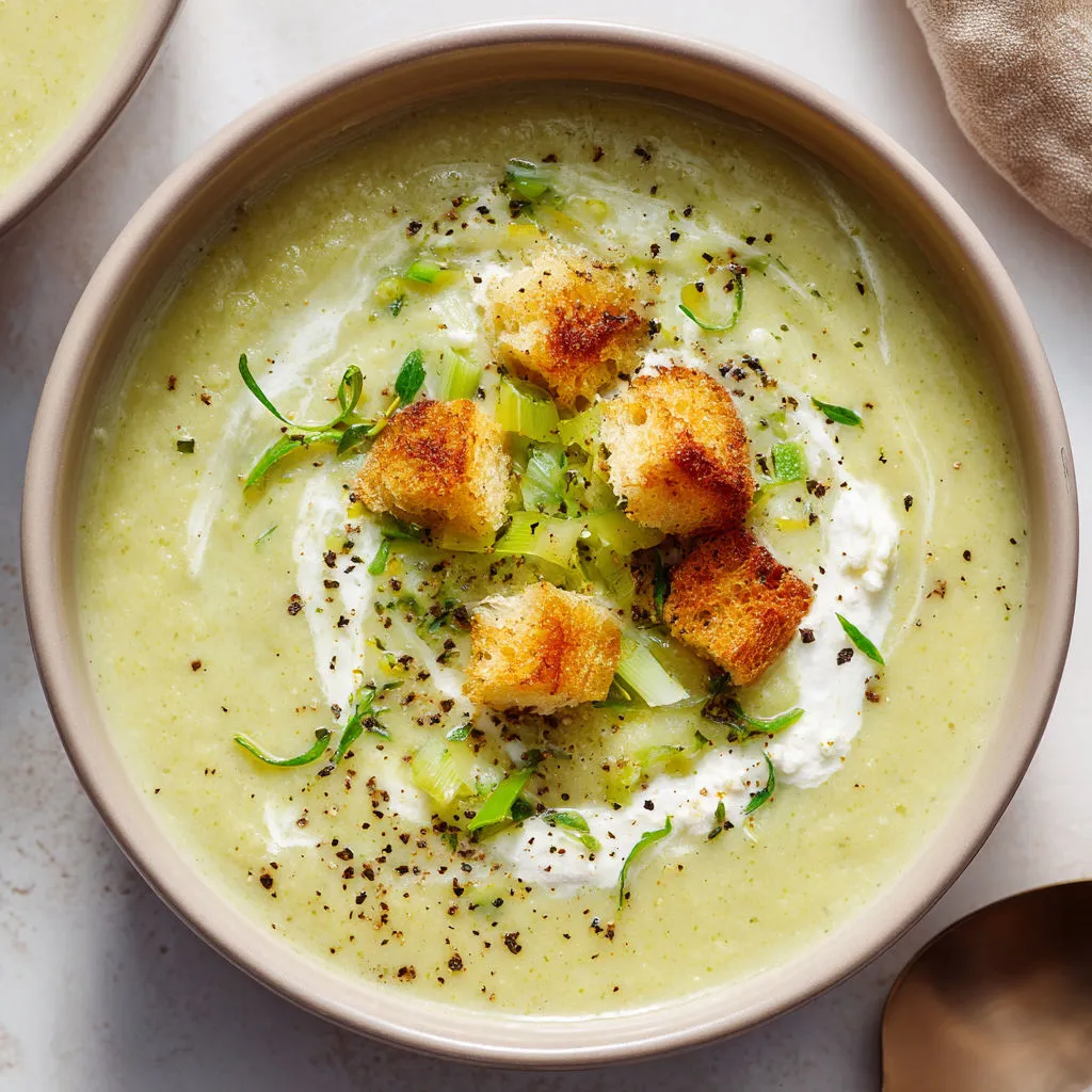 Un bol en céramique, rempli d’un velouté de légumes et parsemé de croûtons et d’herbes fraîches.