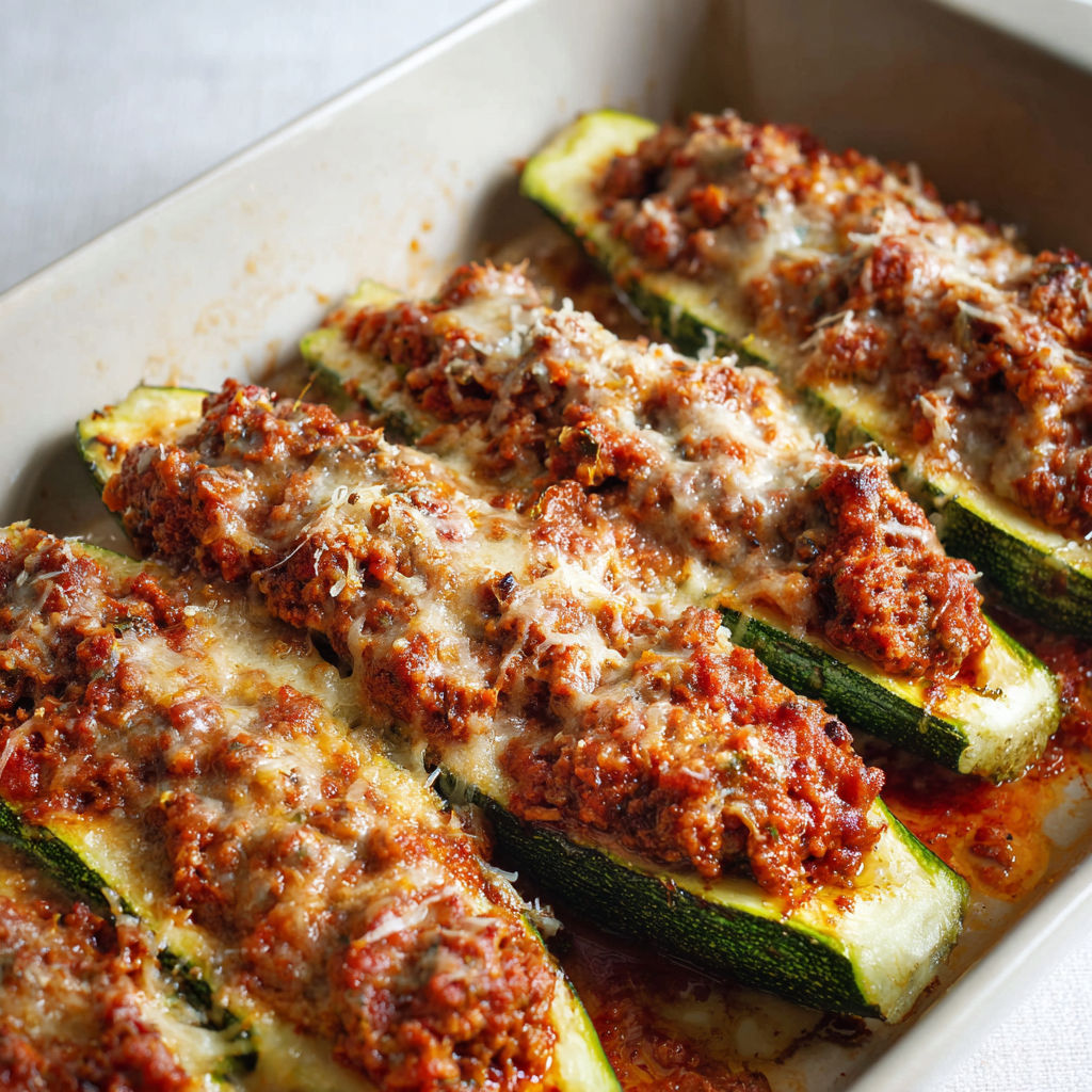 Plat délicieux de courgettes farcies à la bolognaise et gratinées au four.