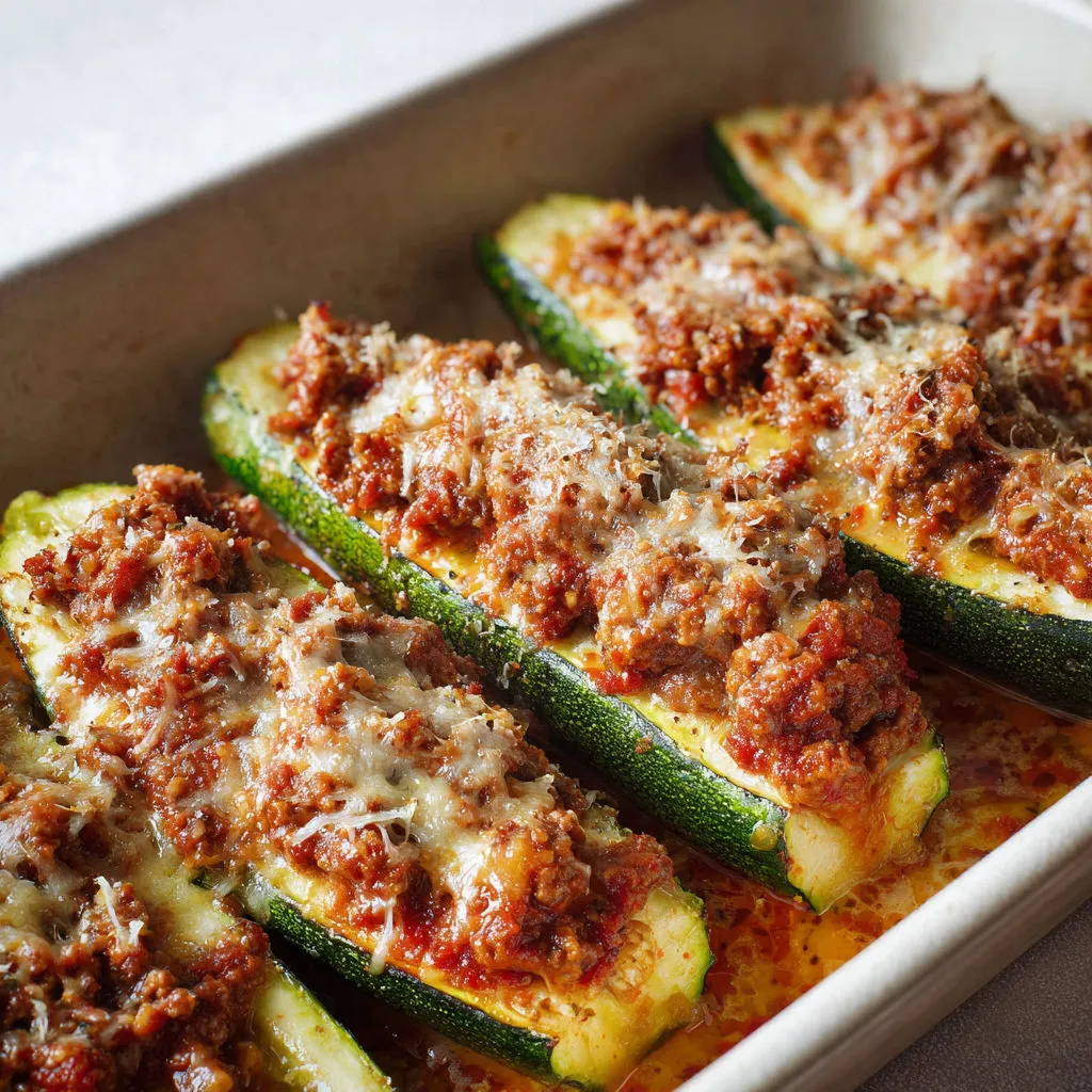 Des courgettes farcies avec sauce et herbes prêtes à servir.