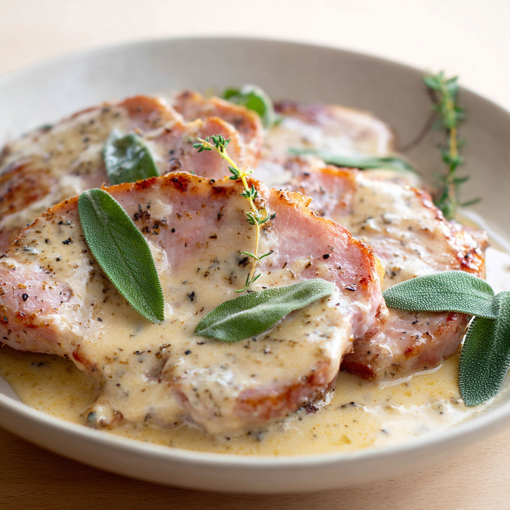 Jambon poêlé avec sauce crémeuse et sauge.