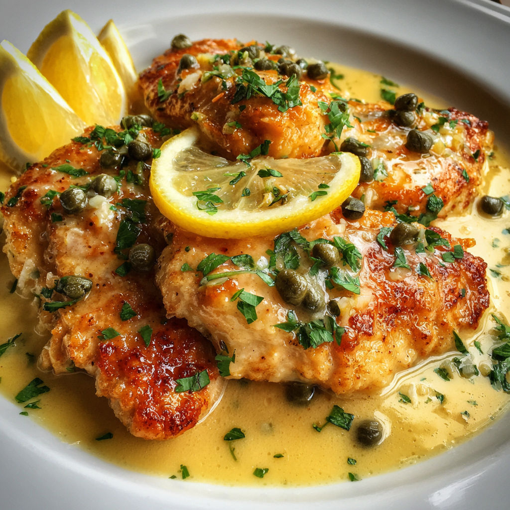 Poulet citron et câpres servi joliment sur une assiette élégante.