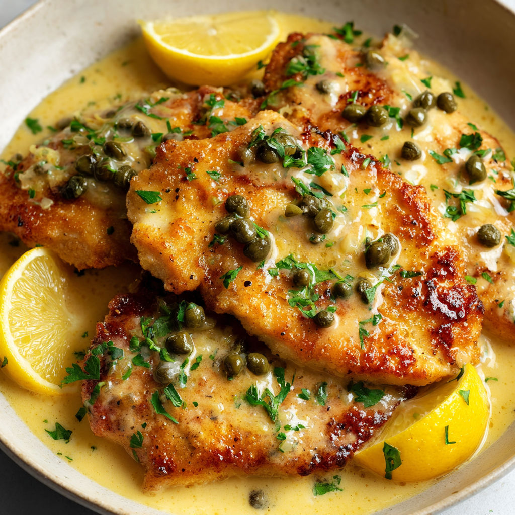 Assiette de poulet citron câpres nappée d’une sauce onctueuse.