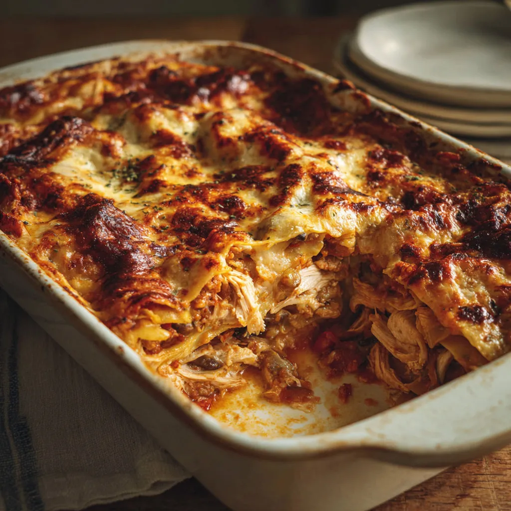 Une tarte au poulet et lardons servie dans un plat en verre.