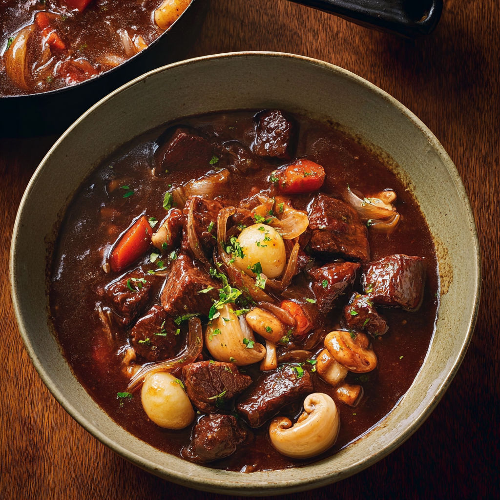 Un plat fumant de boeuf bourguignon servi à table.