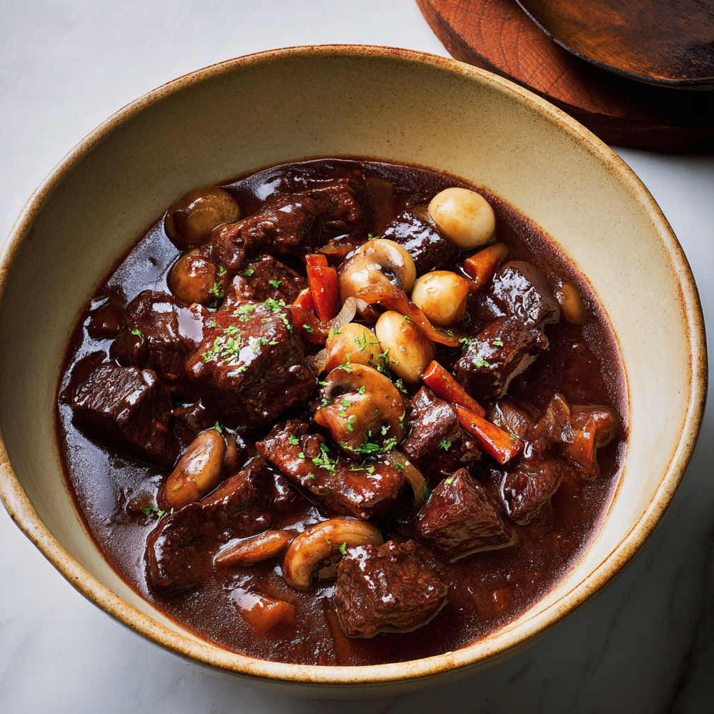 Un plat mijoté de bœuf avec champignons et carottes.