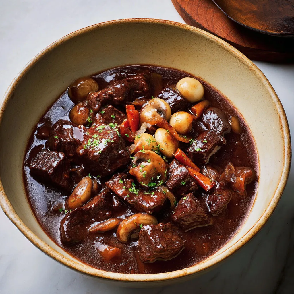 Un plat mijoté de bœuf avec champignons et carottes.