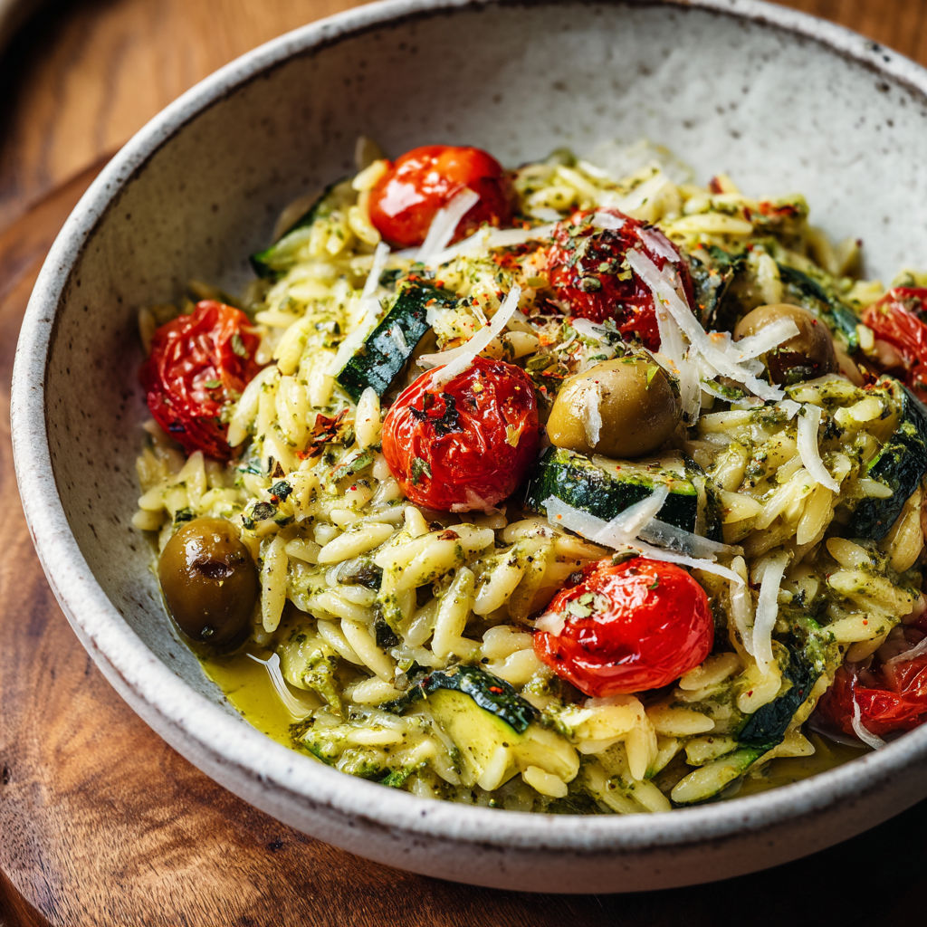 Bol d'orzo crémeux au pesto et courgettes.