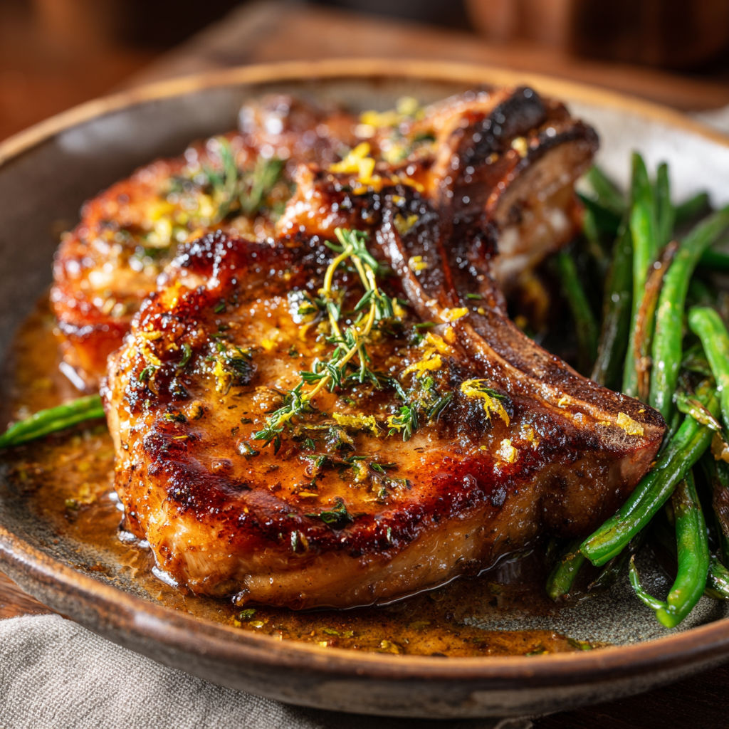 Plat de côtelettes de porc au citron et thym avec légumes verts.