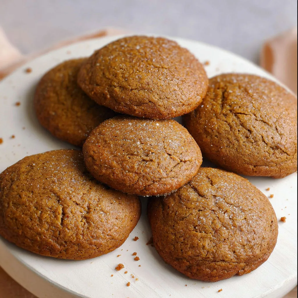 Une pile de cookies à la courge sur une planche en bois.