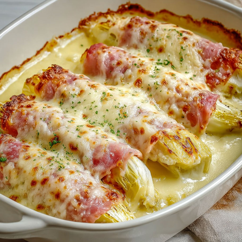 Plat chaud de gratin aux endives et jambon nappé de béchamel fondante.