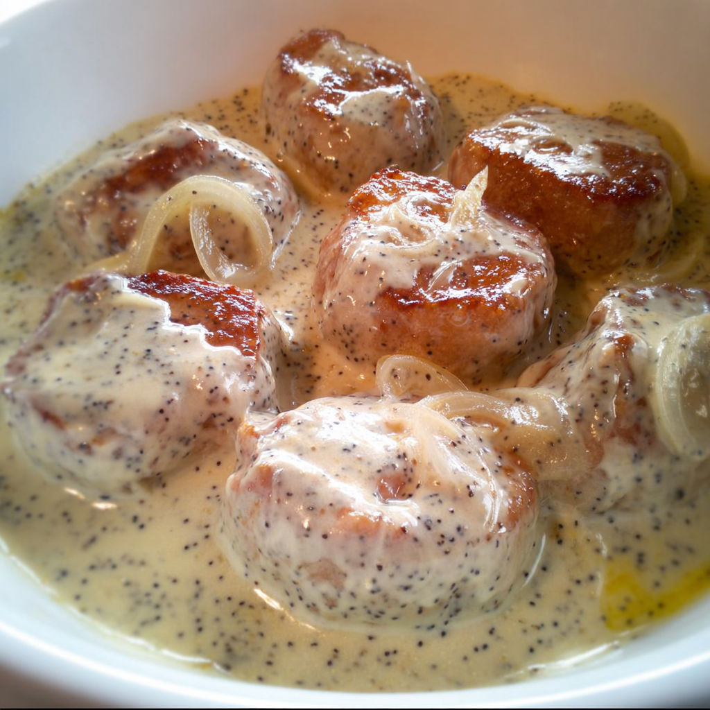 Paupiettes de porc nappées d'une sauce crémeuse dans un bol.