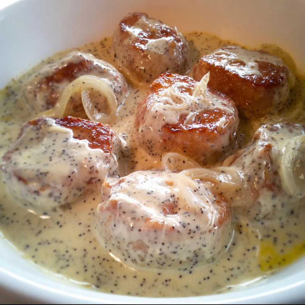 Paupiettes de porc nappées d'une sauce crémeuse dans un bol.