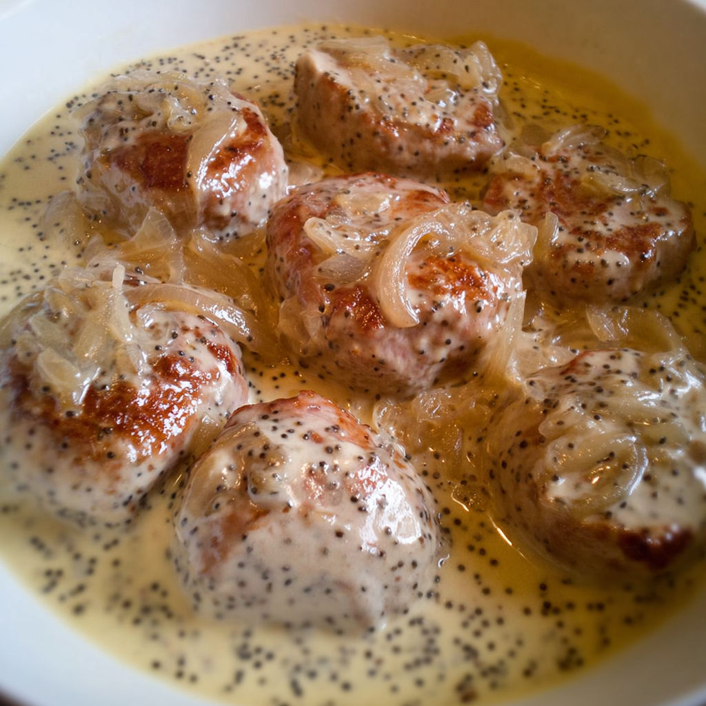 Paupiettes de porc et sauce à la crème, servies avec pommes de terre et une touche sucrée.