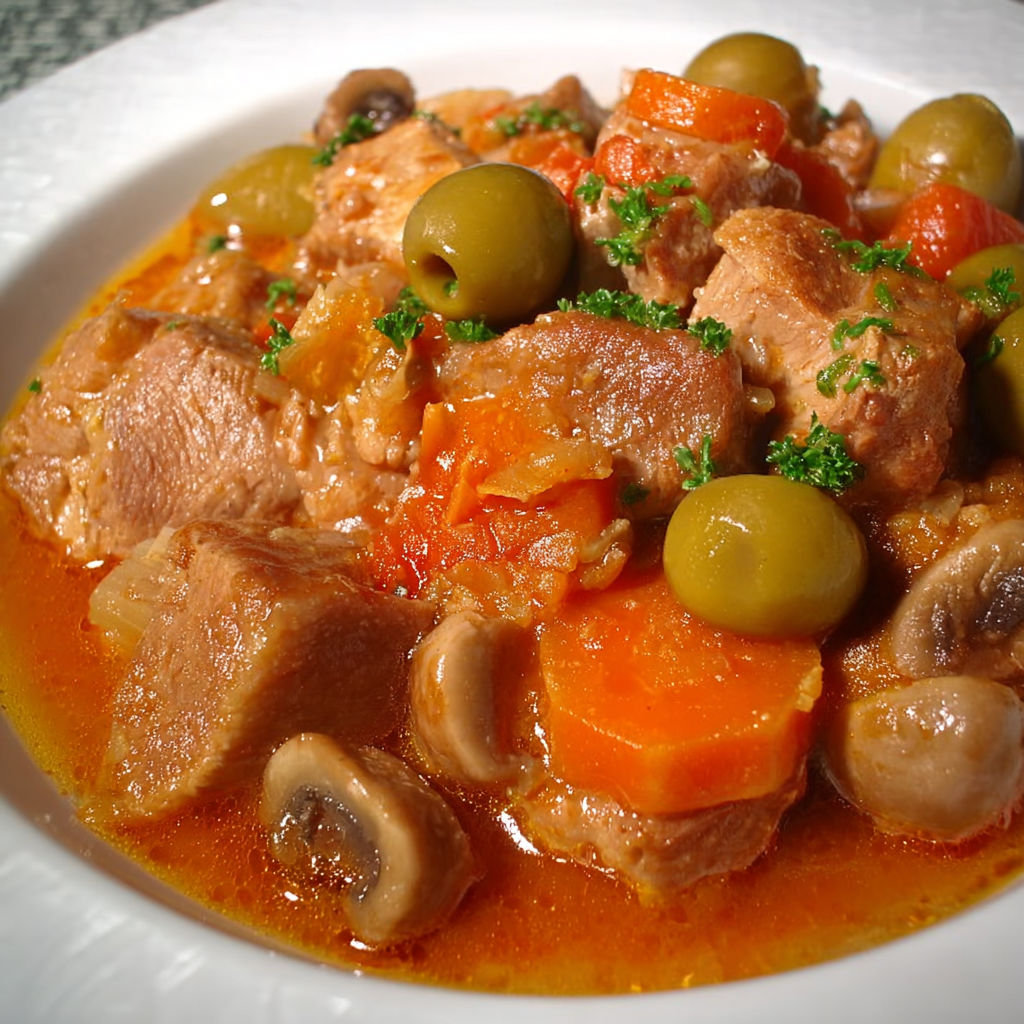 Un plat mijoté avec porc tendre accompagné de légumes.