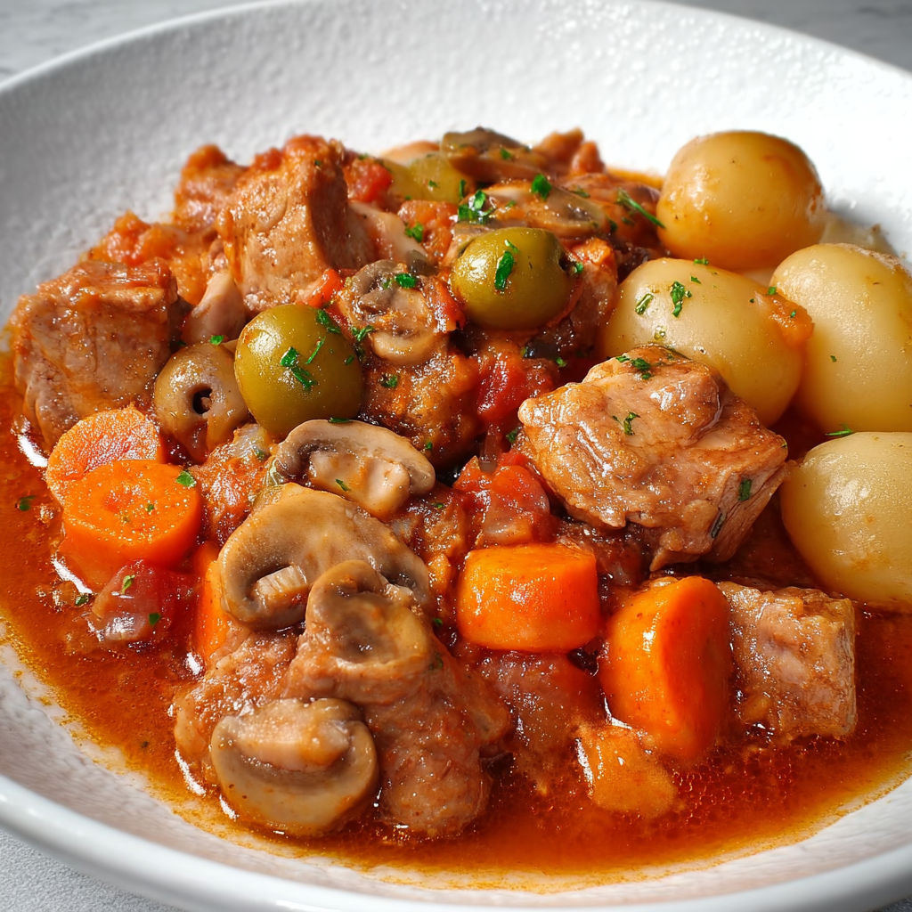 Un plat mijoté avec carottes, champignons et olives, tout simple et bon.